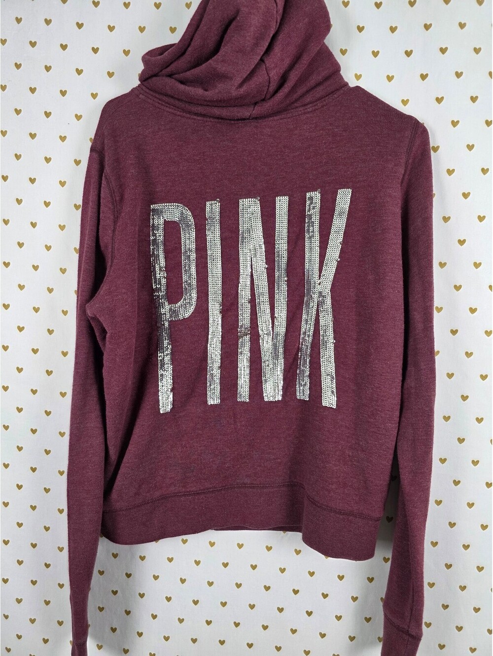 Victorias Secret Pink Maroon Sequined Bling Full ZIp Hoodie Jacket LARGE